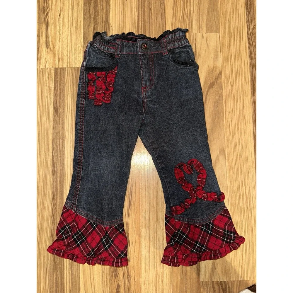 The‎ Children's Place TCP Girls 3T Denim Flared Jeans Red Plaid EUC Y2K
